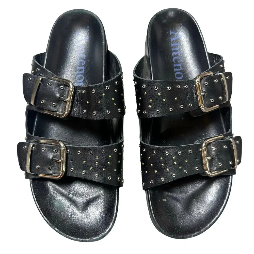 Antenora Black Double Buckle Strap Slide Sandals
